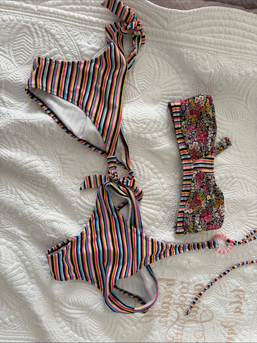 Striped Multi-Color Women's Bikini Set - Floral Bandeau Accent